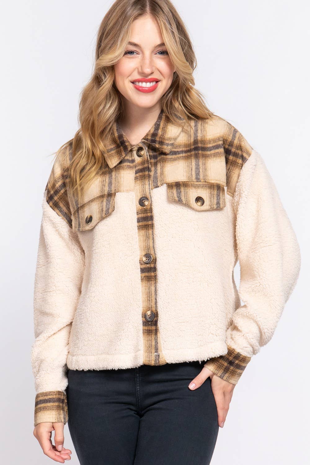 Button Down Plaid Contrast Faux Fur Jacket