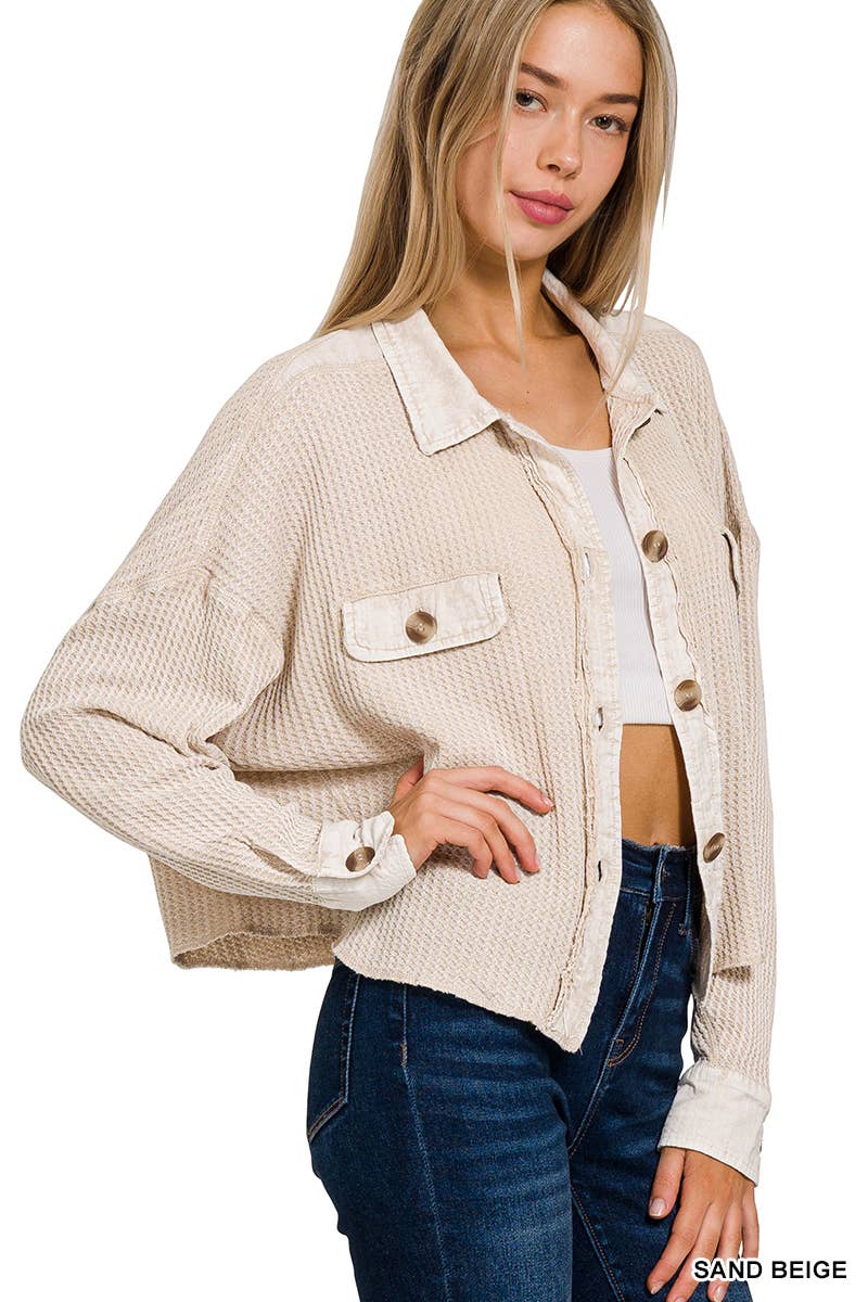',....Waffle Acid Wash Oversized Shacket Reg/Crop