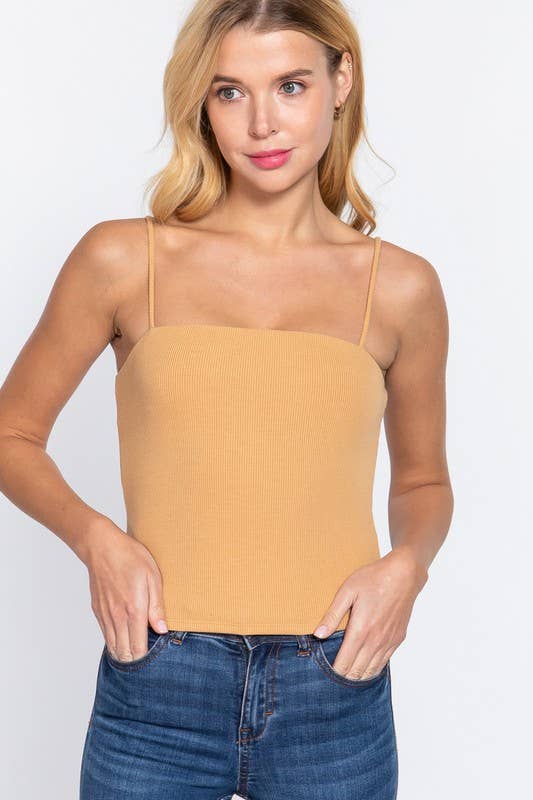 Straight Neck Two Ply Rib Knit Cami Top