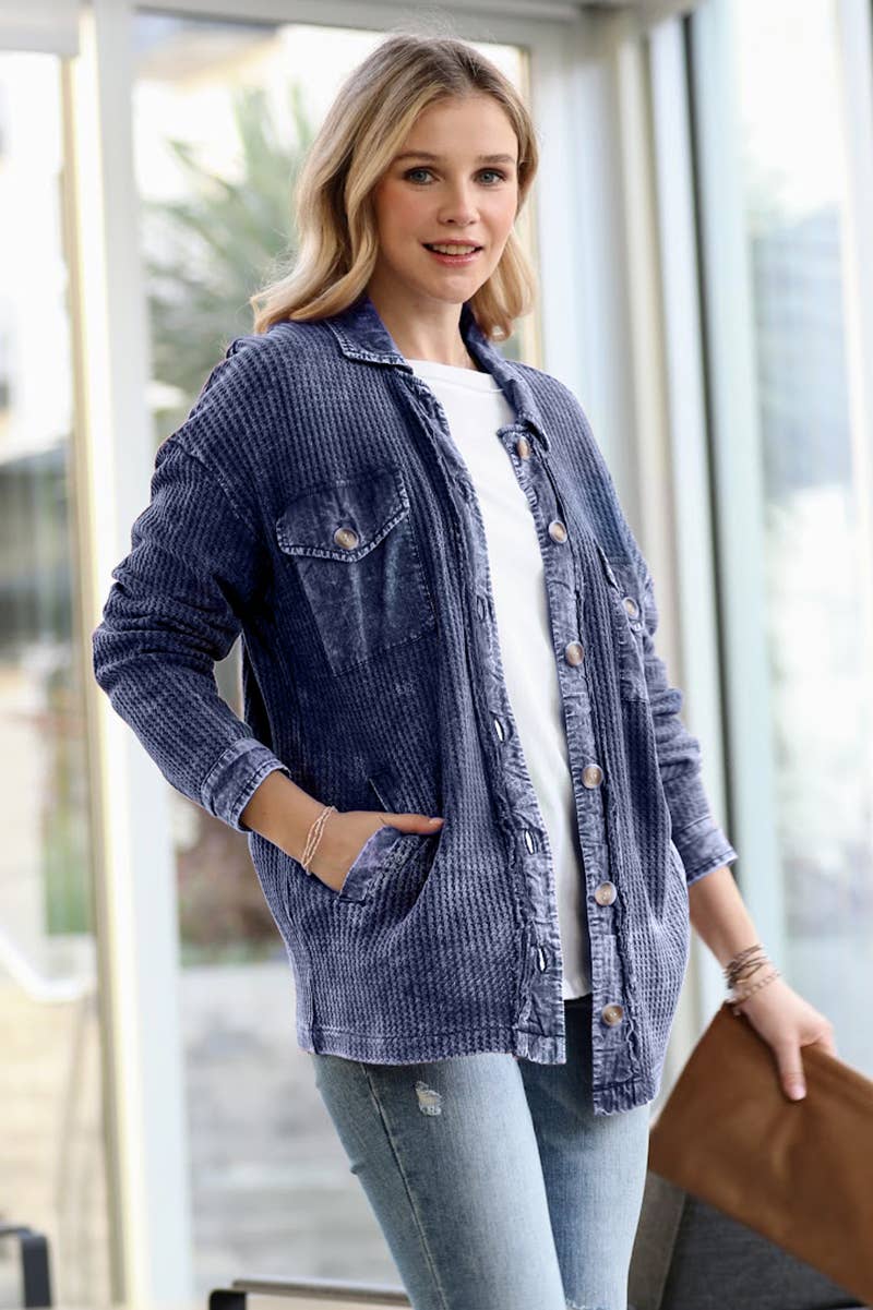 ',....Waffle Acid Wash Oversized Shacket Reg/Crop