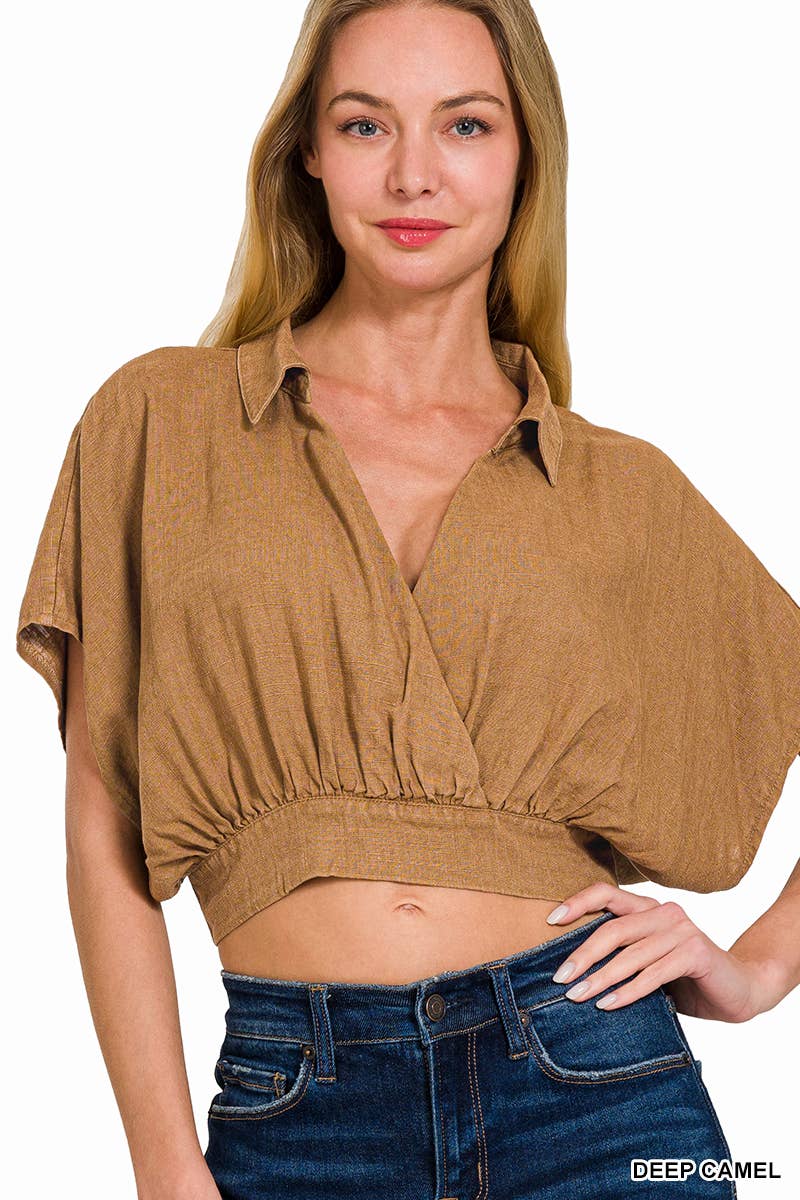 ...SI-25875 Washed Linen Banded Hem Surplice Cropped Top