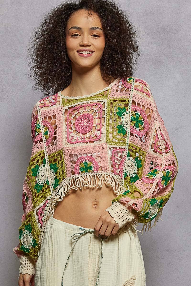 Round neck long sleeve crochet cropped fit top