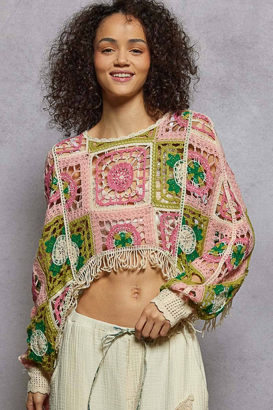 Round neck long sleeve crochet cropped fit top