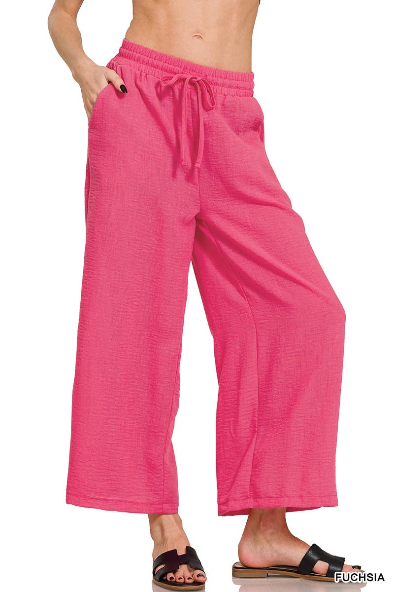 ", Drawstring Elasticband Waist Wide Pants W/ Pockets