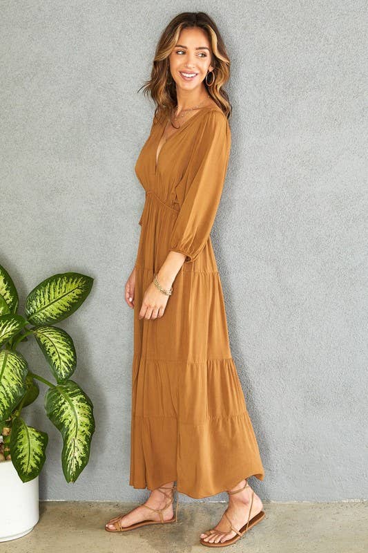 LONG SLEEVE TIERED V- NECK MAXI DRESS(81221)
