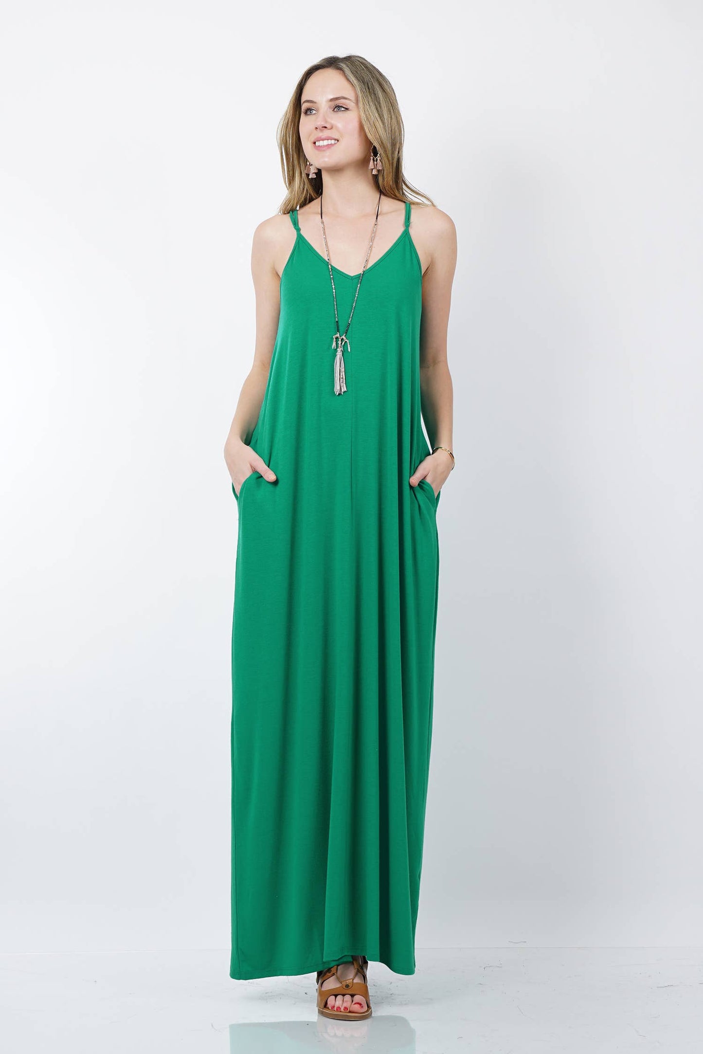 `.V Neck Cami Maxi Dress With Side Pockets