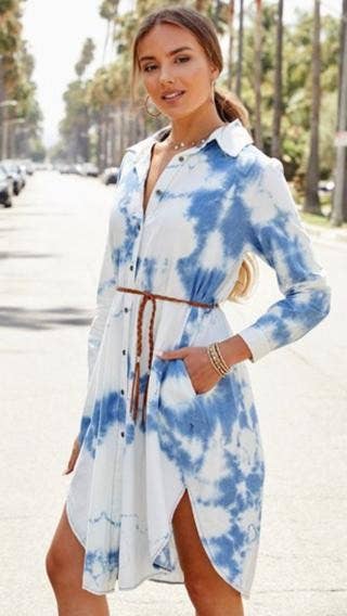 TIE DYE BUTTON DOWN DRESS WITH BRAIDED BELT (A2663-TIEDYE)