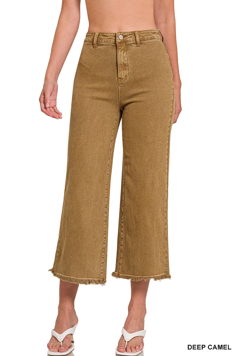 ",,,..._ Acid Washed Frayed Cutoff Hem Straight Wide Pants