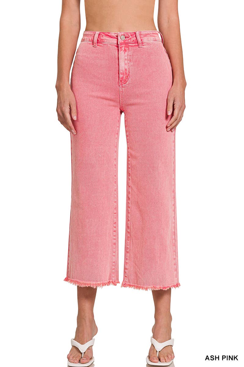 ",,,..._ Acid Washed Frayed Cutoff Hem Straight Wide Pants