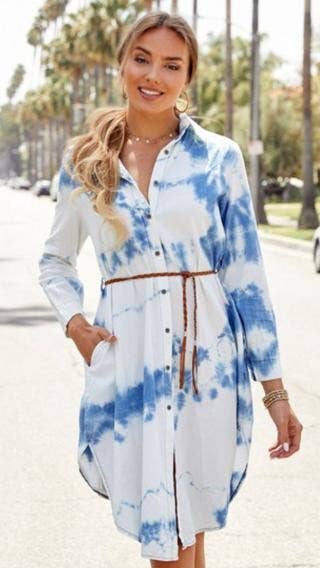 TIE DYE BUTTON DOWN DRESS WITH BRAIDED BELT (A2663-TIEDYE)