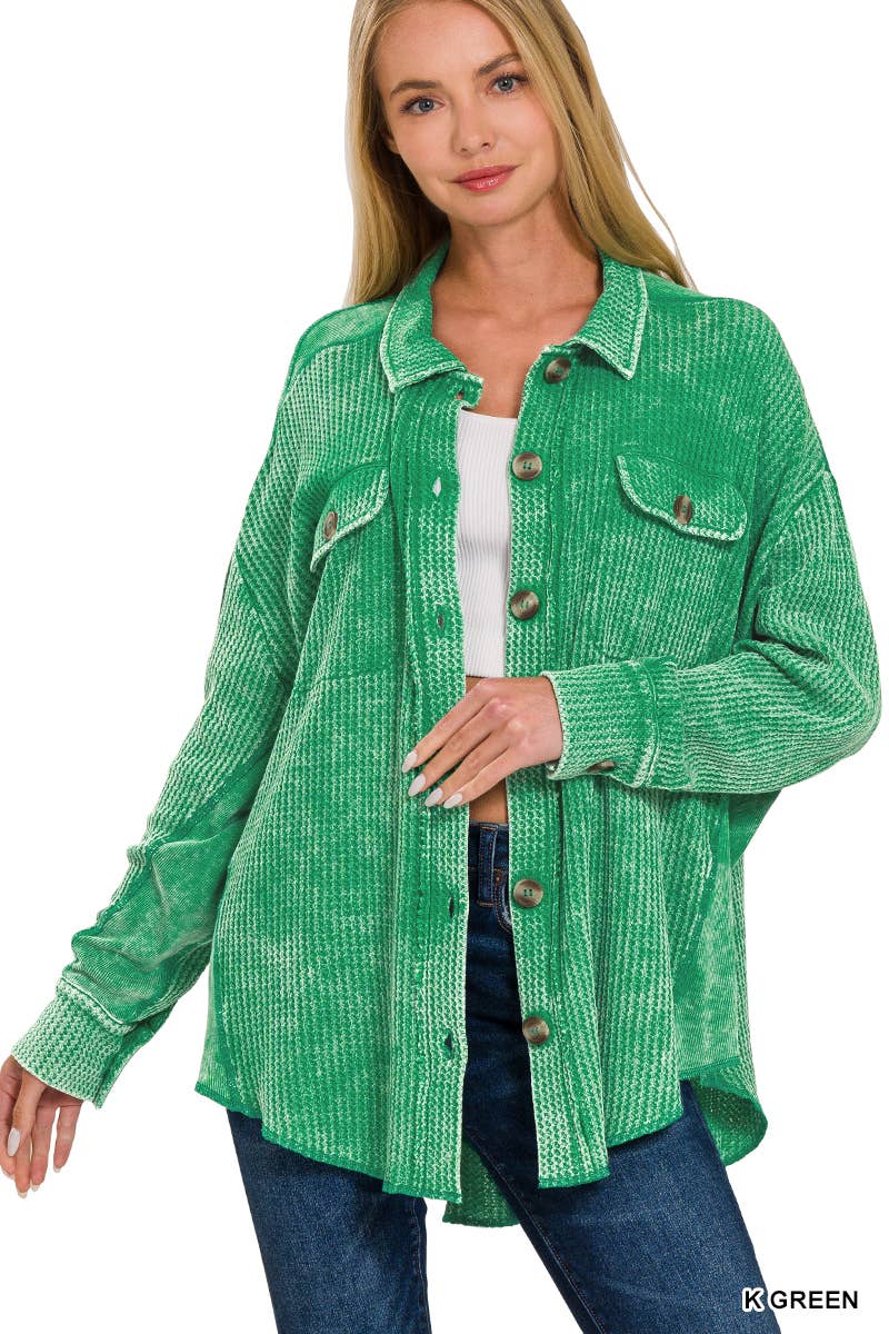 ',....Waffle Acid Wash Oversized Shacket Reg/Crop
