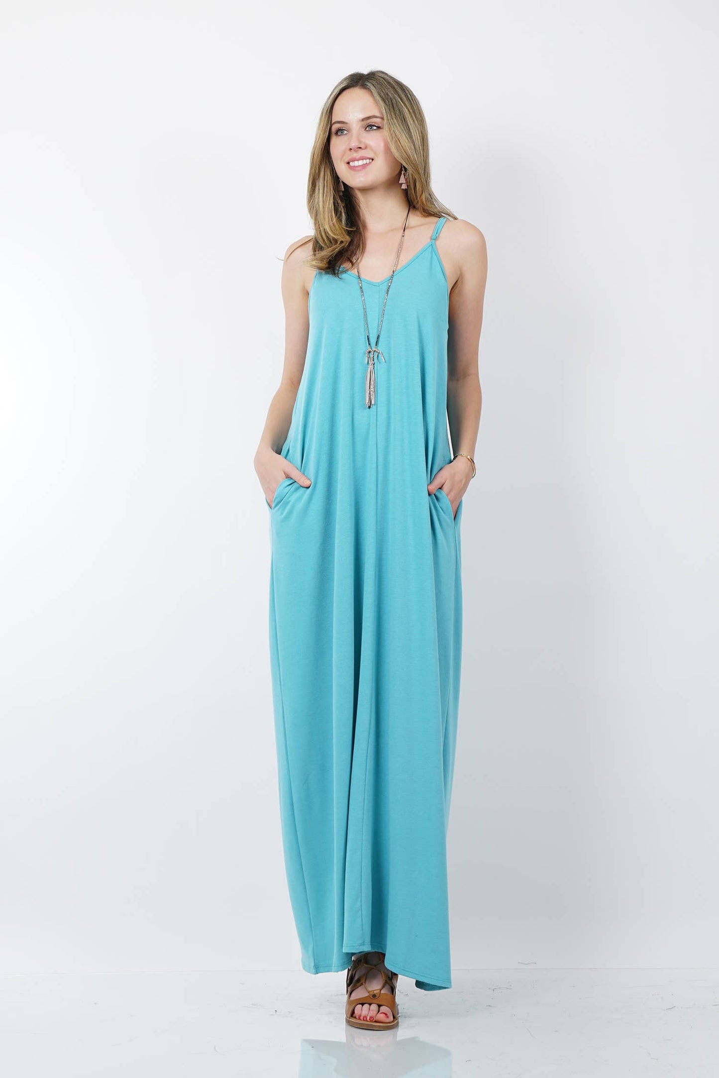 `.V Neck Cami Maxi Dress With Side Pockets