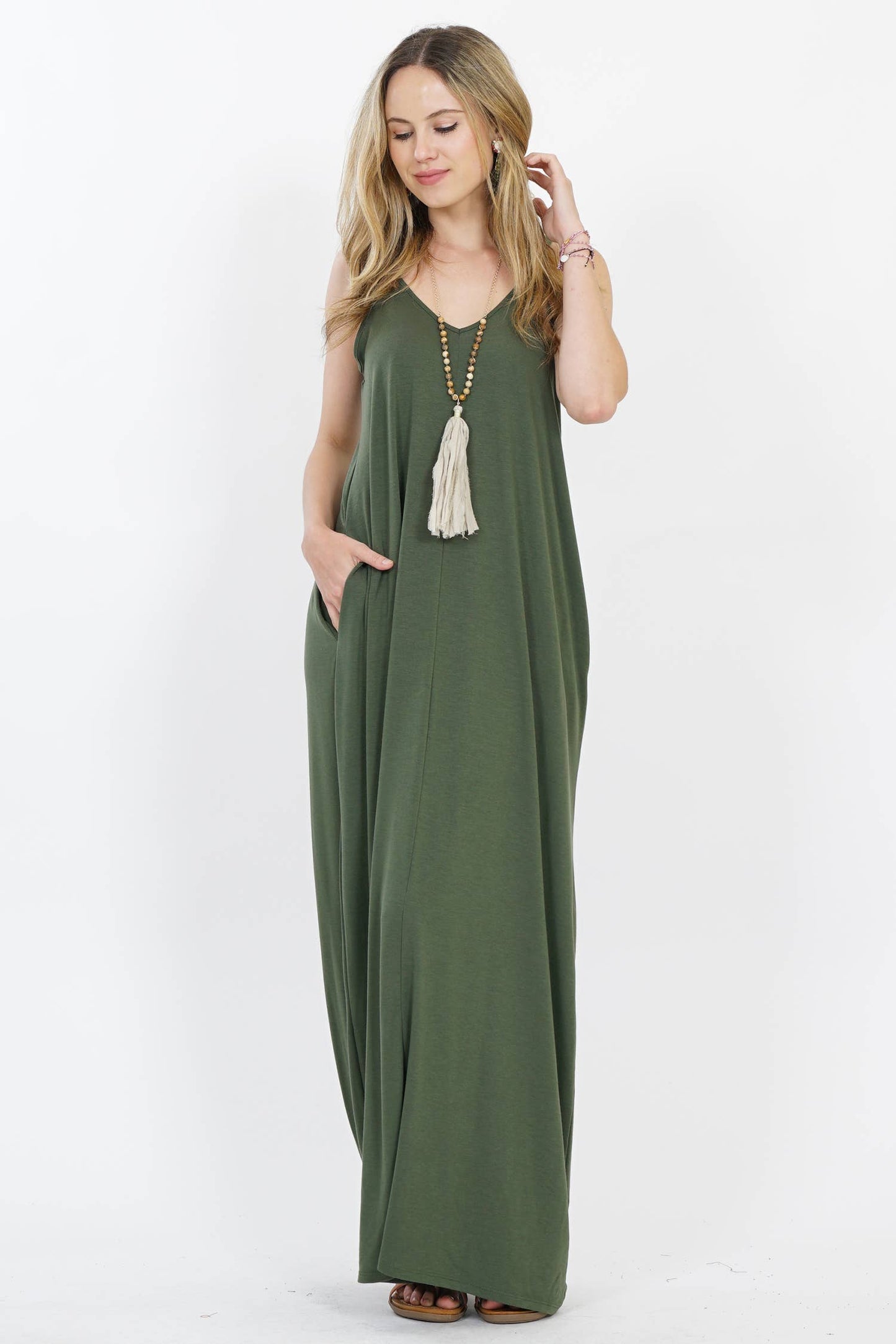 `.V Neck Cami Maxi Dress With Side Pockets