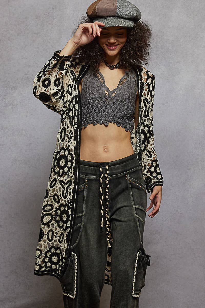 V-neck long sleeve crochet knit weave cardigan