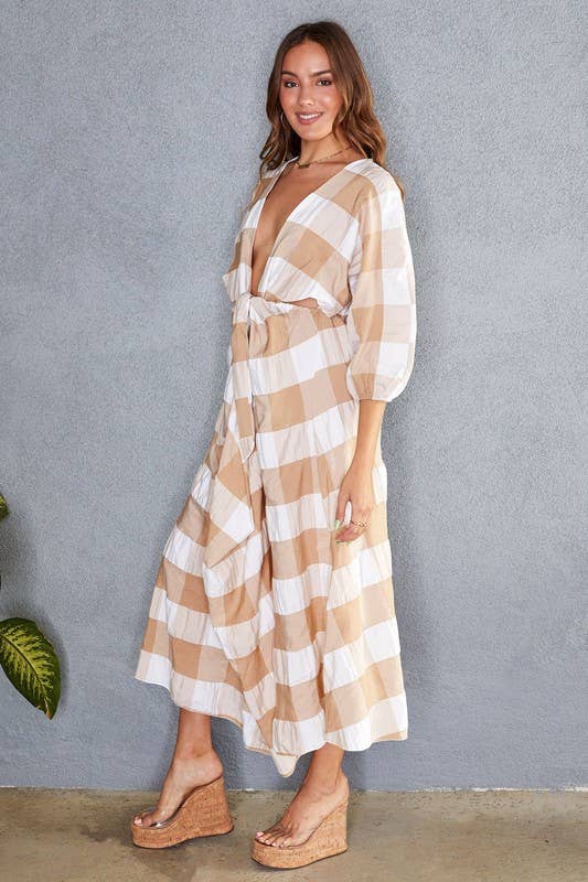 PLAID DEEP V-NECK 3/4 SLEEVE MAXI DRESS (50370-PLAID)
