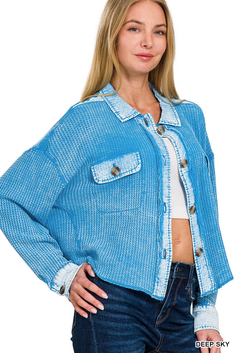 ',....Waffle Acid Wash Oversized Shacket Reg/Crop