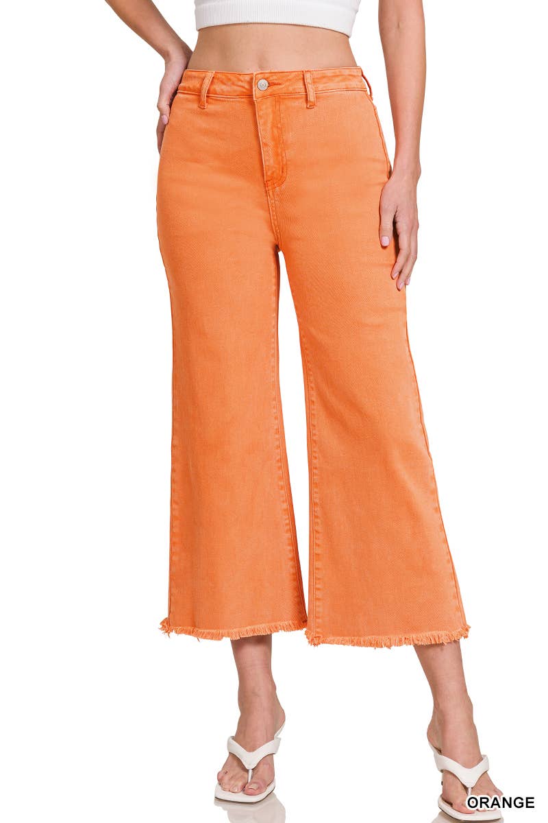 ",,,..._ Acid Washed Frayed Cutoff Hem Straight Wide Pants