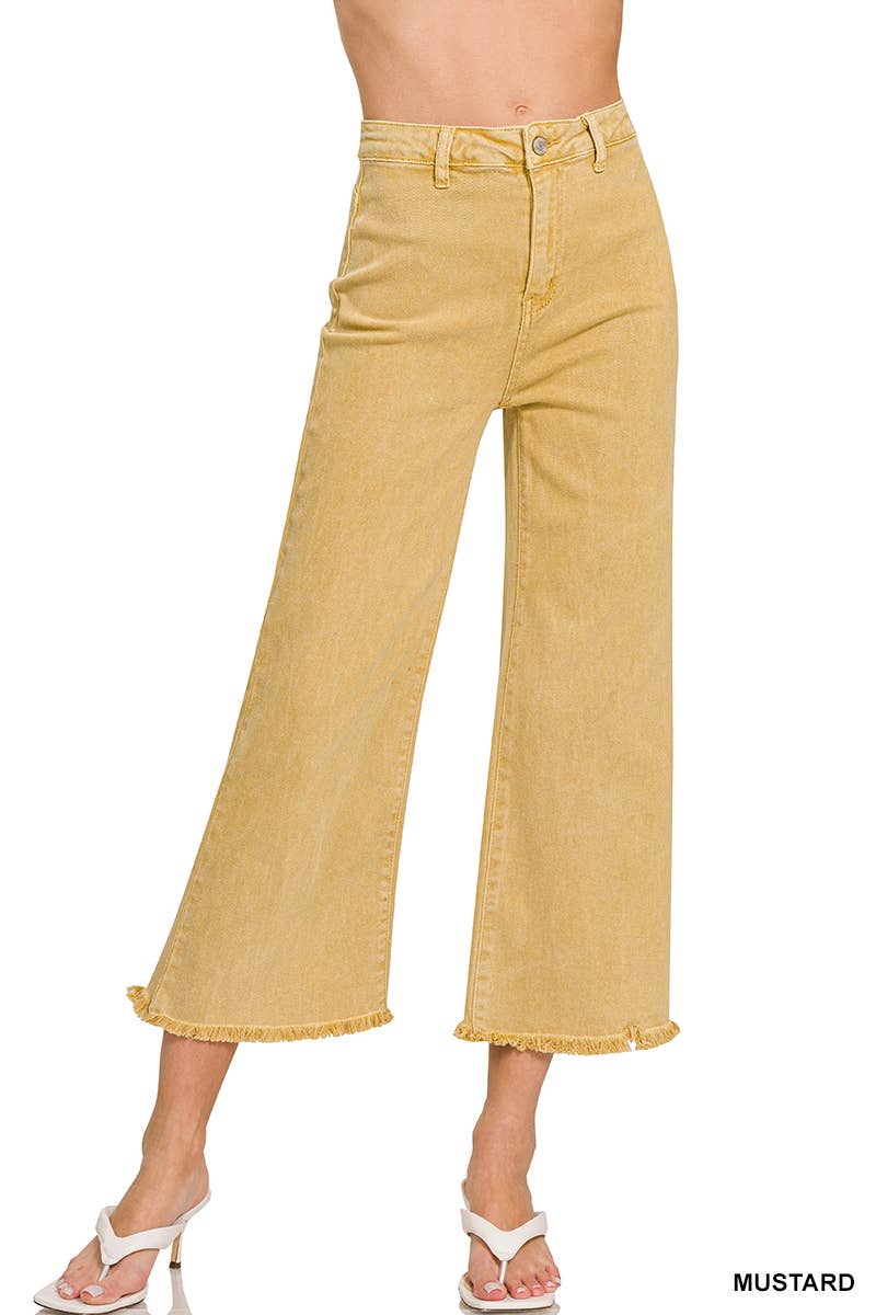 ",,,..._ Acid Washed Frayed Cutoff Hem Straight Wide Pants