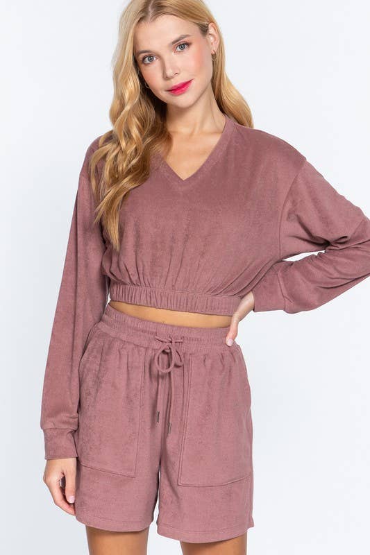 Long Sleeve V-neck Elasticized Hem Terry Towelling