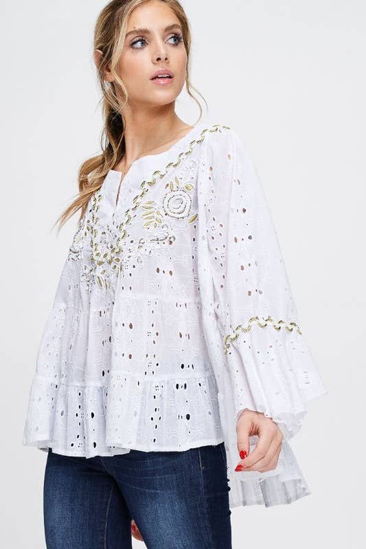 LONG SLEEVE EYELET TOP (I-142)