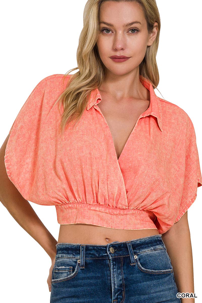 ...SI-25875 Washed Linen Banded Hem Surplice Cropped Top