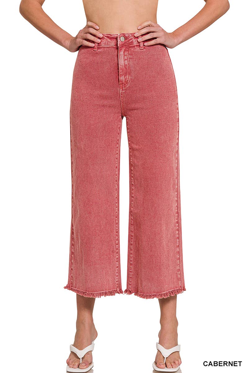 ",,,..._ Acid Washed Frayed Cutoff Hem Straight Wide Pants