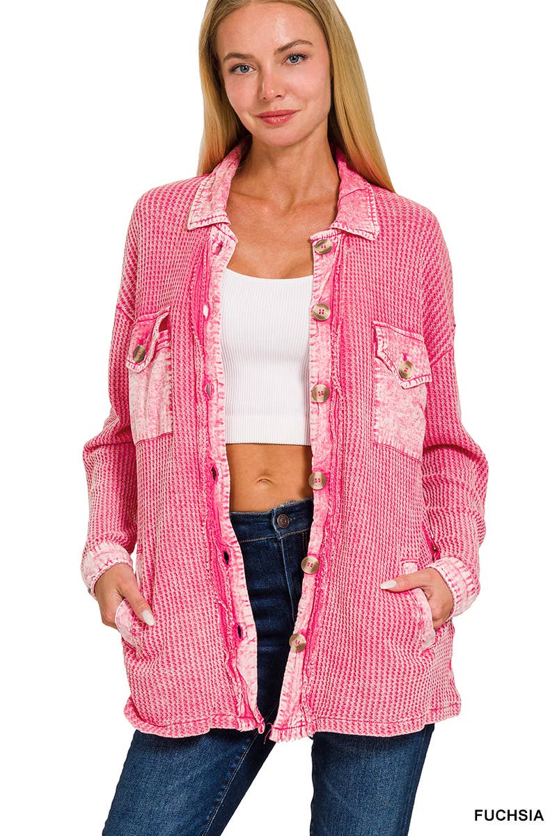 ',....Waffle Acid Wash Oversized Shacket Reg/Crop