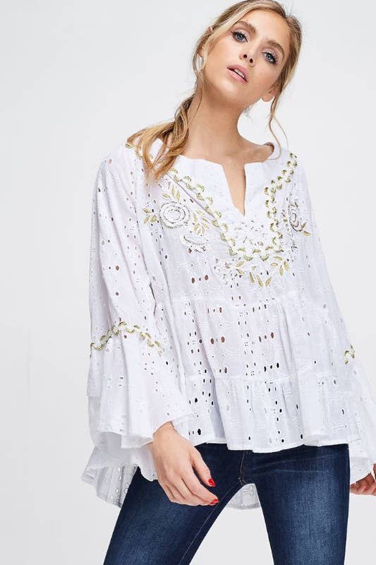 LONG SLEEVE EYELET TOP (I-142)