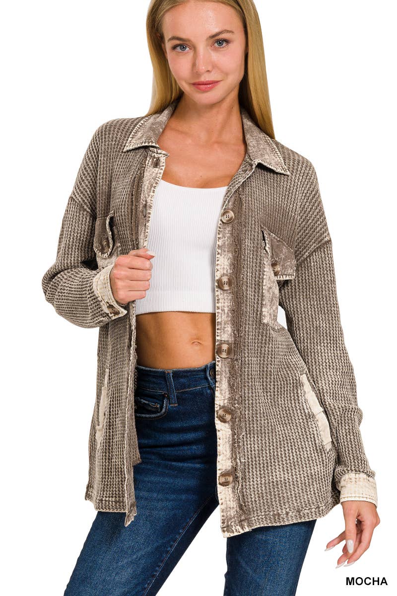 ',....Waffle Acid Wash Oversized Shacket Reg/Crop