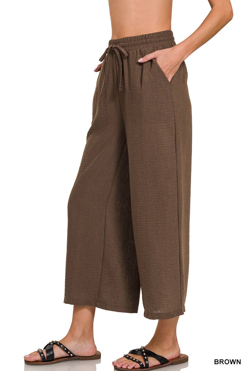 ", Drawstring Elasticband Waist Wide Pants W/ Pockets