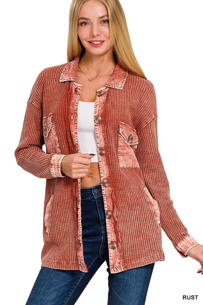 ',....Waffle Acid Wash Oversized Shacket Reg/Crop