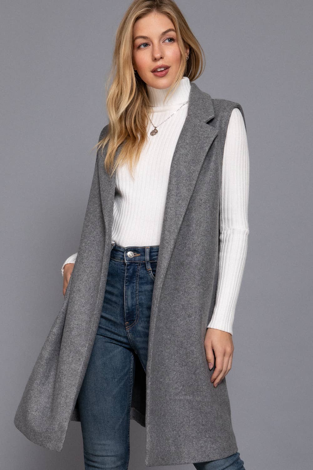 Sleeveless Notched Collar Soft Open Vest