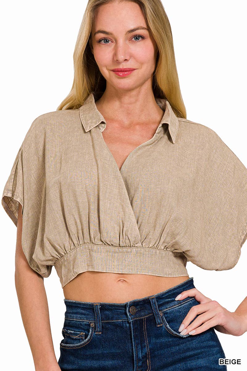 ...SI-25875 Washed Linen Banded Hem Surplice Cropped Top