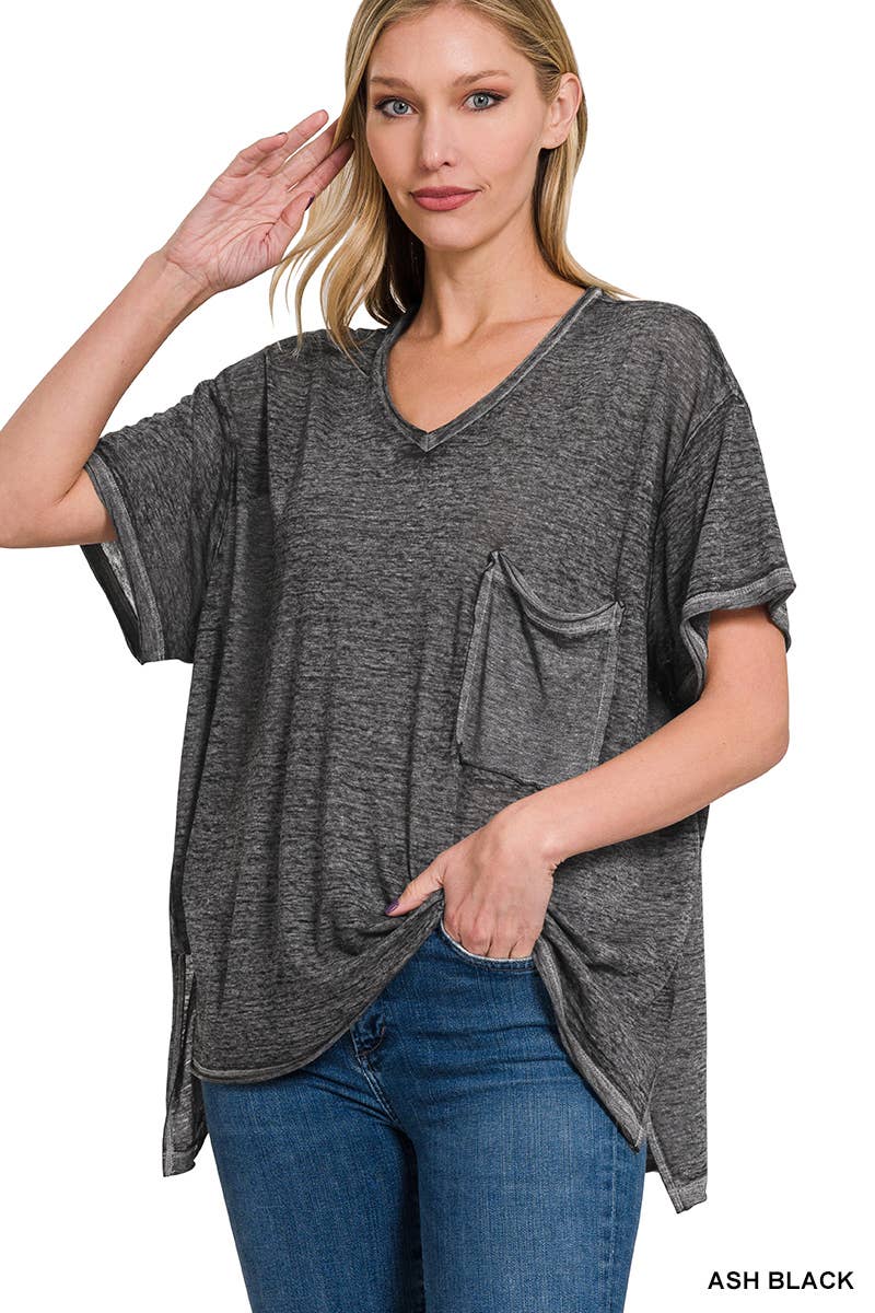.0713 V-neck Washed Burnout Hi Low Top SI-24391