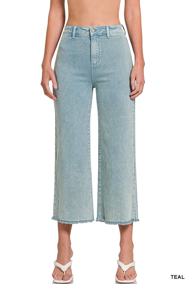 ",,,..._ Acid Washed Frayed Cutoff Hem Straight Wide Pants