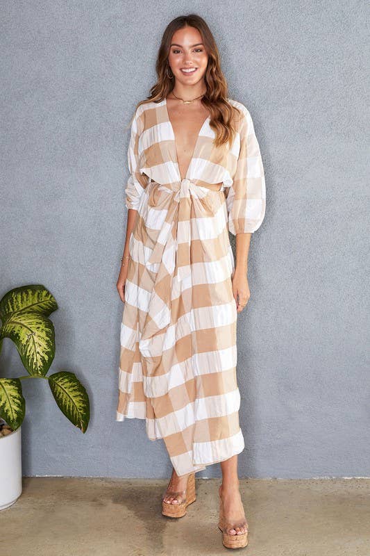 PLAID DEEP V-NECK 3/4 SLEEVE MAXI DRESS (50370-PLAID)
