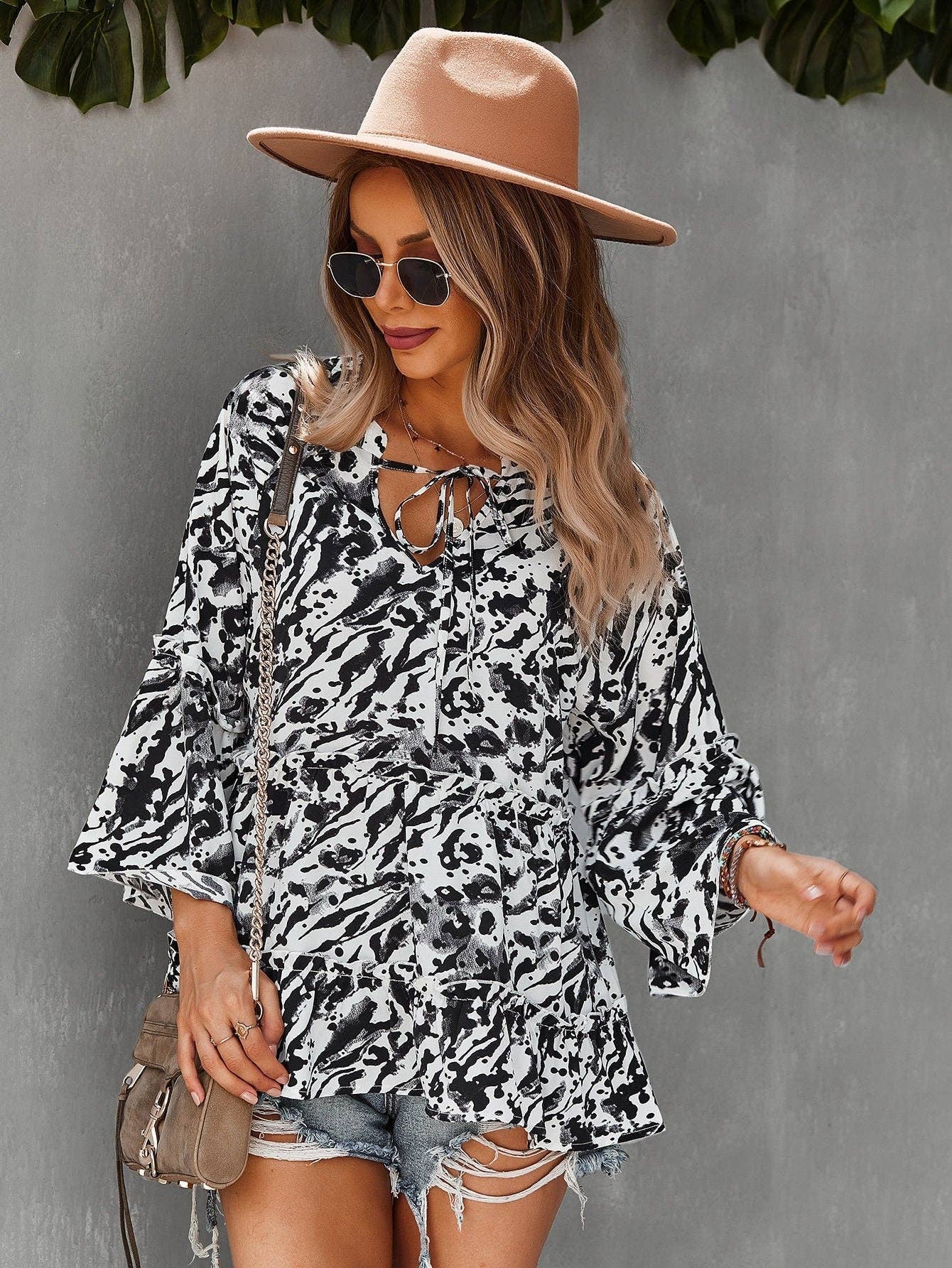 Allover Print Knot Neck Bell Sleeve Blouse