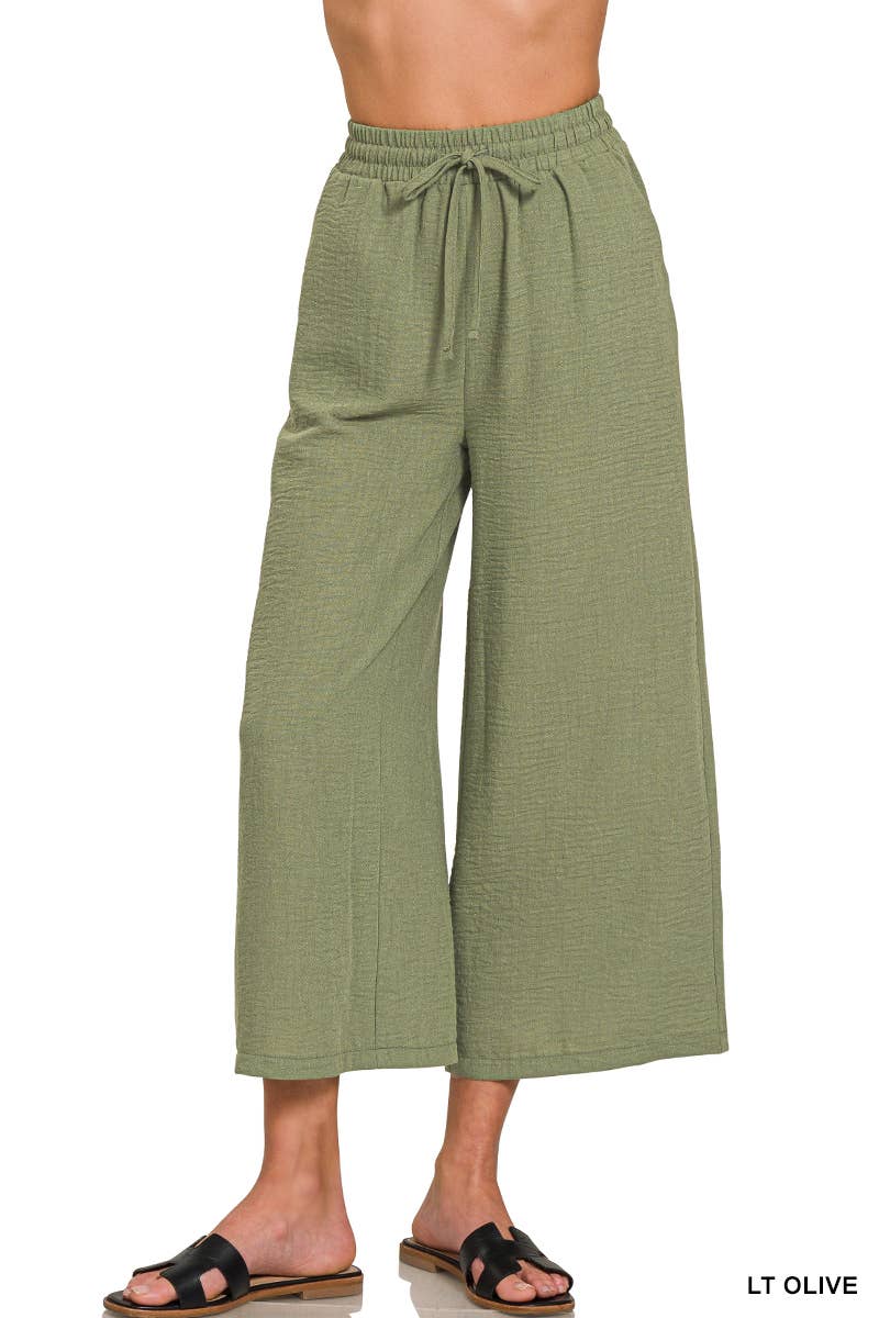 ", Drawstring Elasticband Waist Wide Pants W/ Pockets