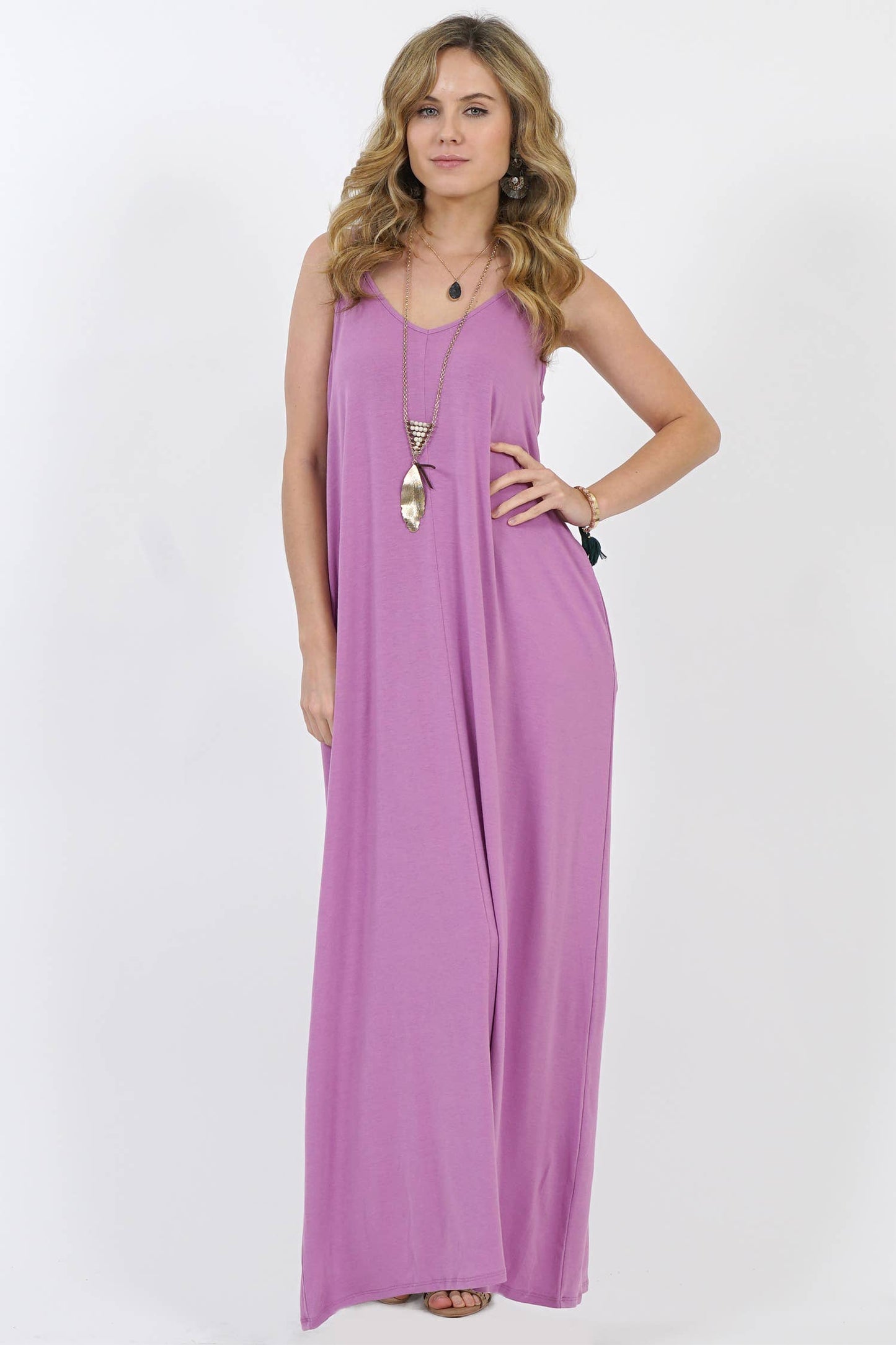 `.V Neck Cami Maxi Dress With Side Pockets