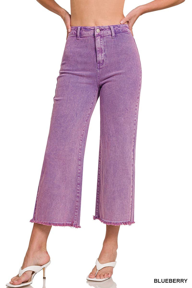 ",,,..._ Acid Washed Frayed Cutoff Hem Straight Wide Pants
