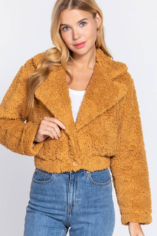 Notched Collar Button Down Faux Fur Jacket