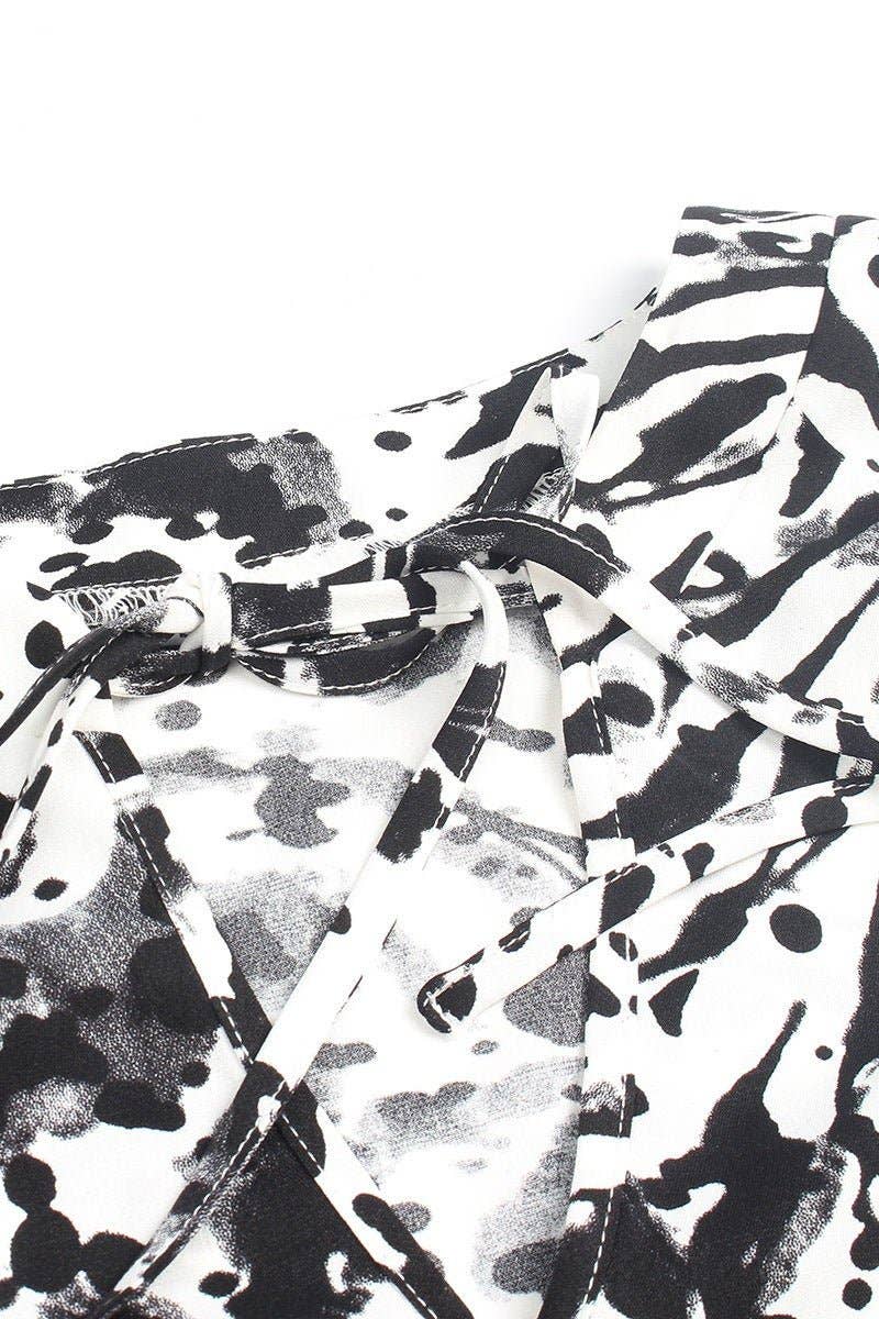 Allover Print Knot Neck Bell Sleeve Blouse