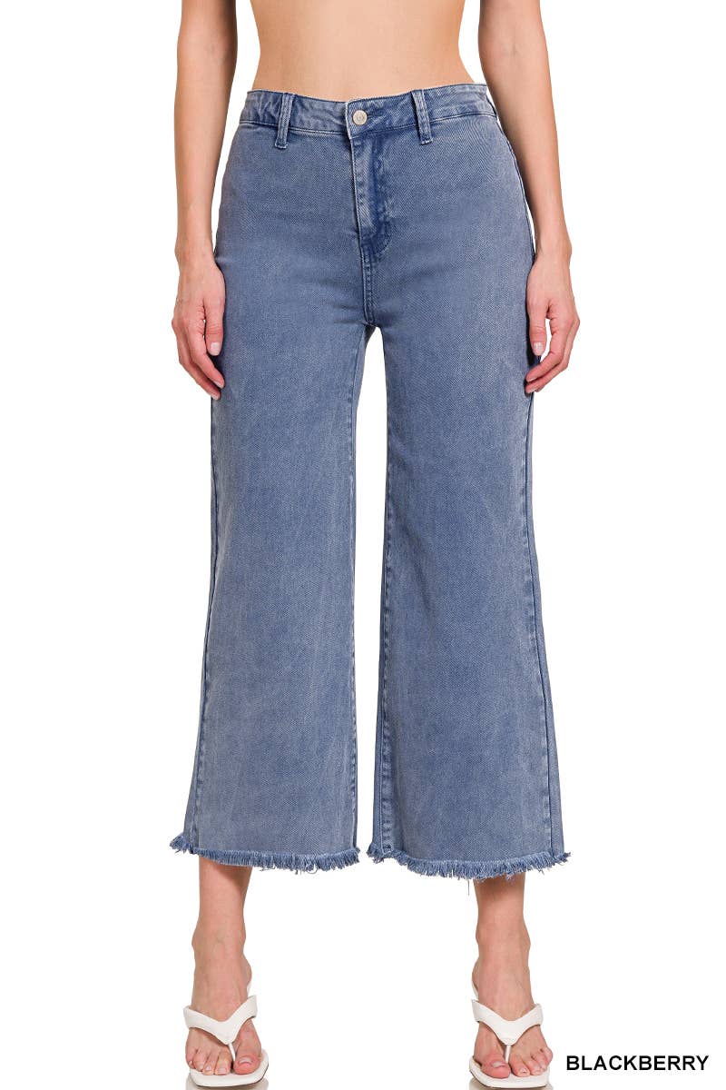 ",,,..._ Acid Washed Frayed Cutoff Hem Straight Wide Pants