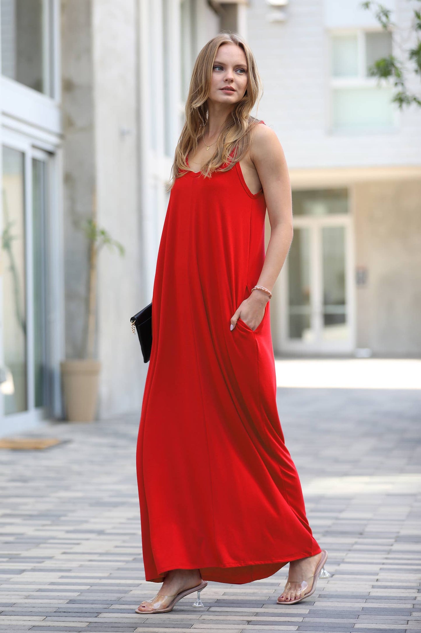 `.V Neck Cami Maxi Dress With Side Pockets