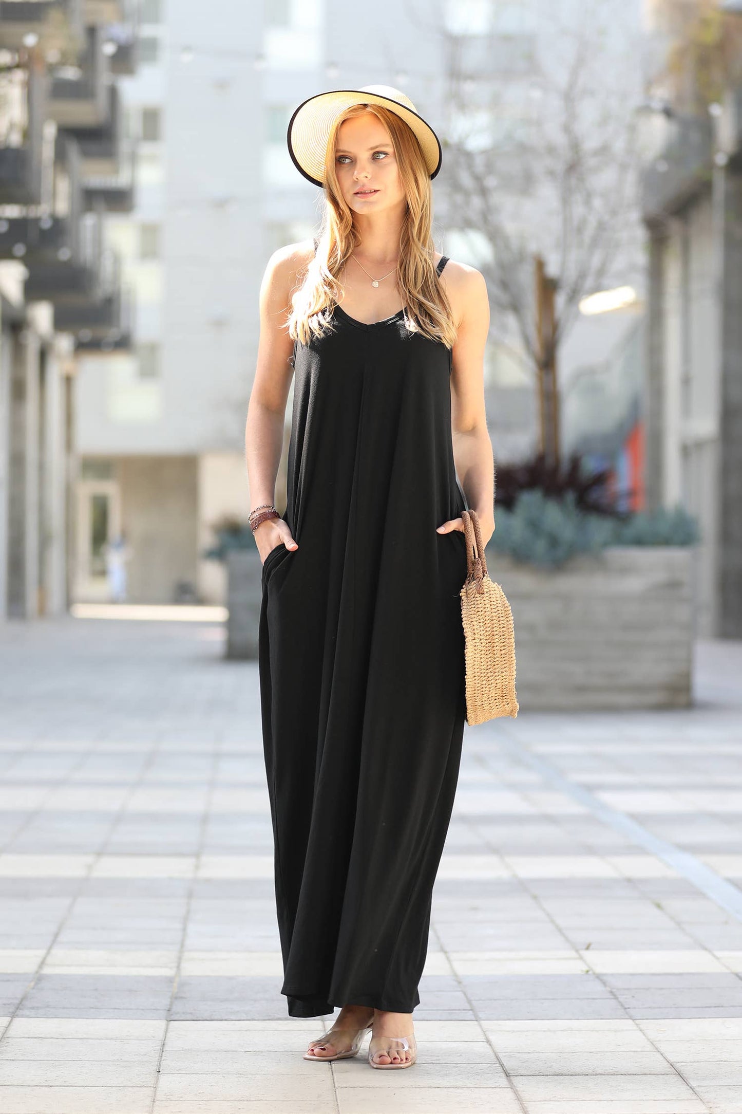 `.V Neck Cami Maxi Dress With Side Pockets