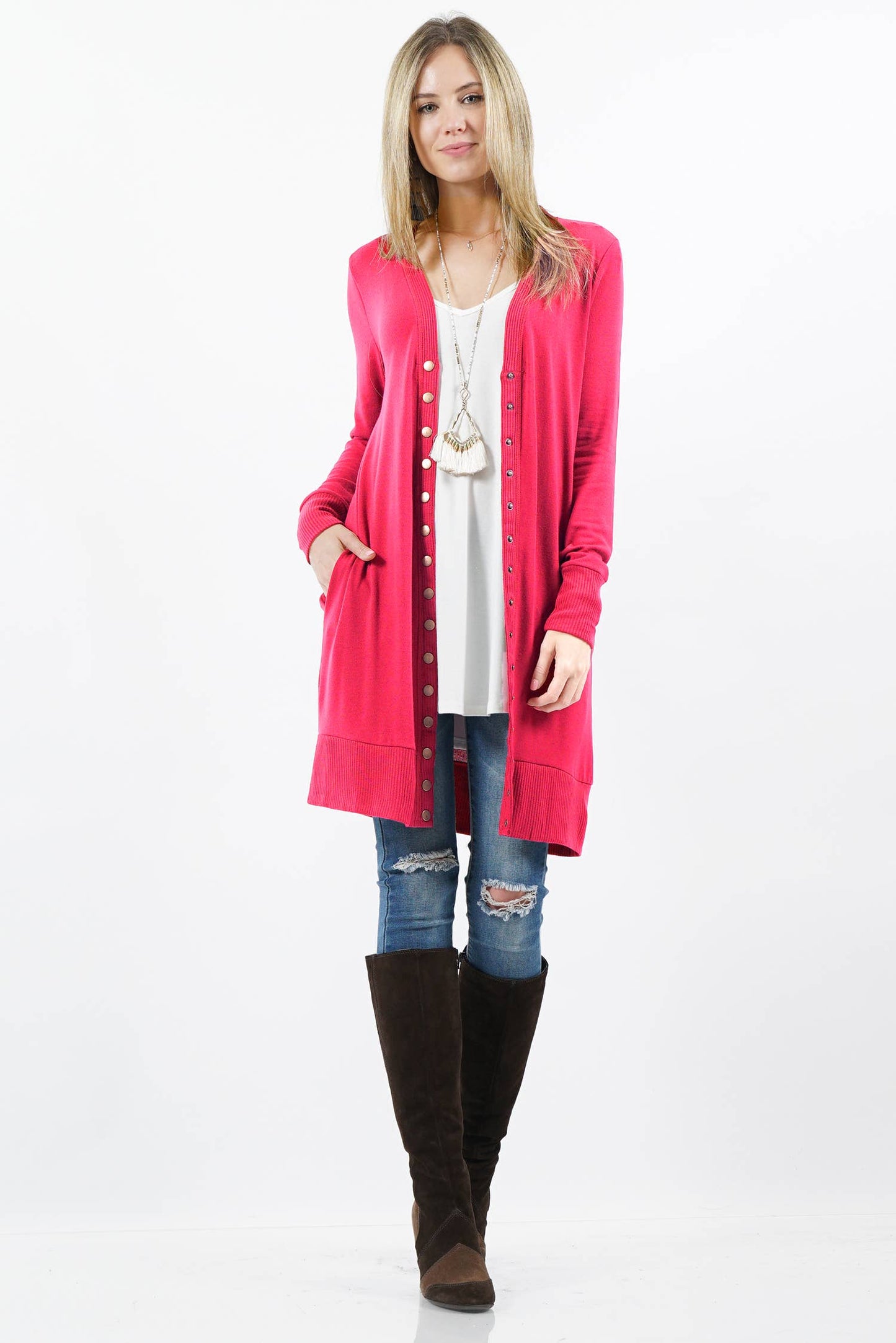 ..SI-25425 Thigh Length Snap Button Sweater Cardigan