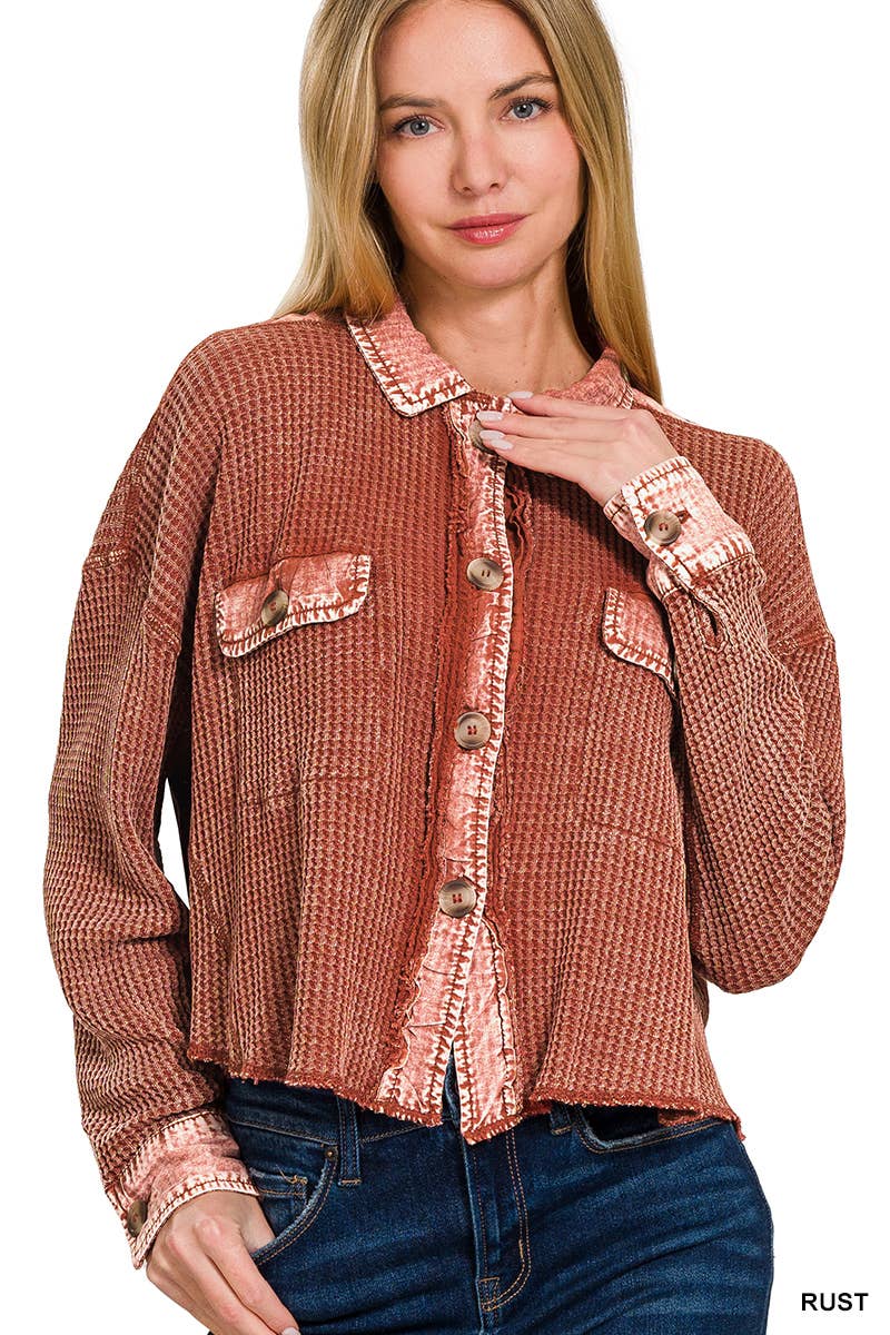 ',....Waffle Acid Wash Oversized Shacket Reg/Crop