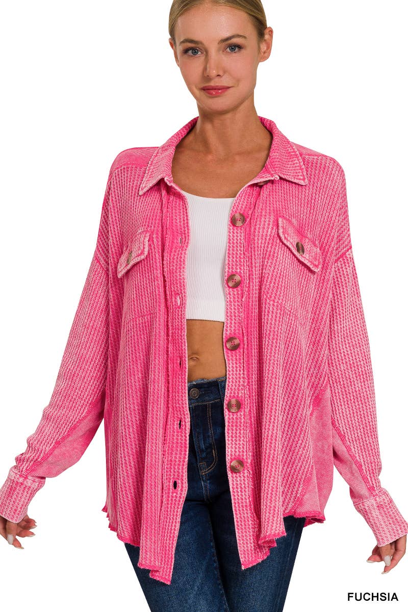 ',....Waffle Acid Wash Oversized Shacket Reg/Crop