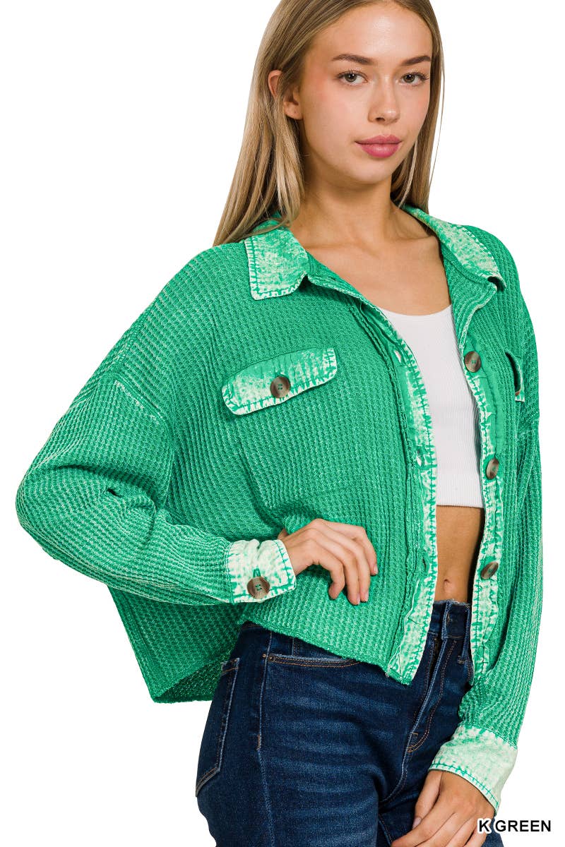 ',....Waffle Acid Wash Oversized Shacket Reg/Crop