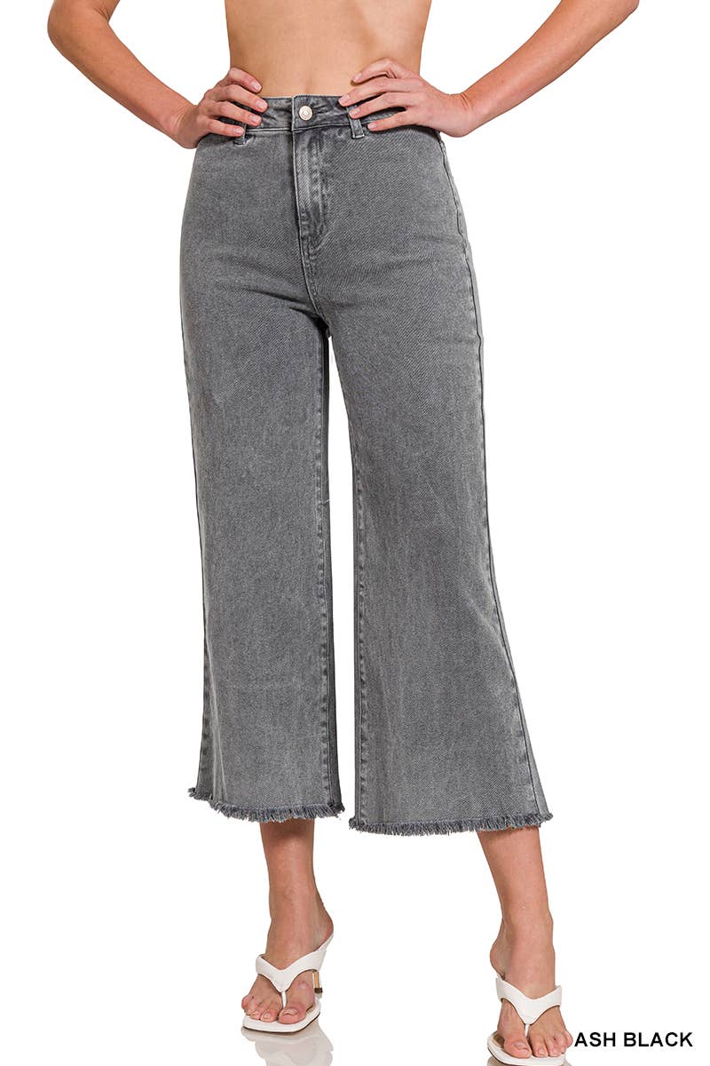 ",,,..._ Acid Washed Frayed Cutoff Hem Straight Wide Pants